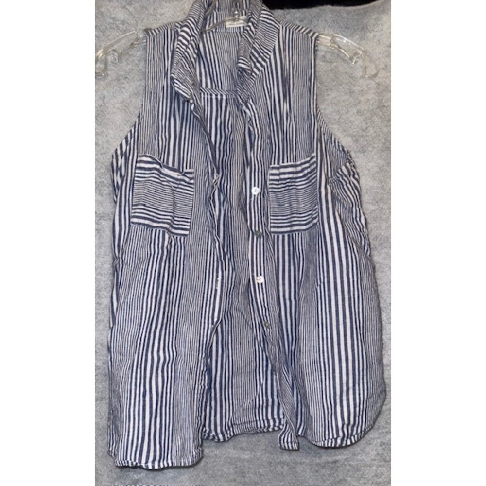 Just Living Blue White Stripe‎ Sleeveless Button Up Shirt Women Size S